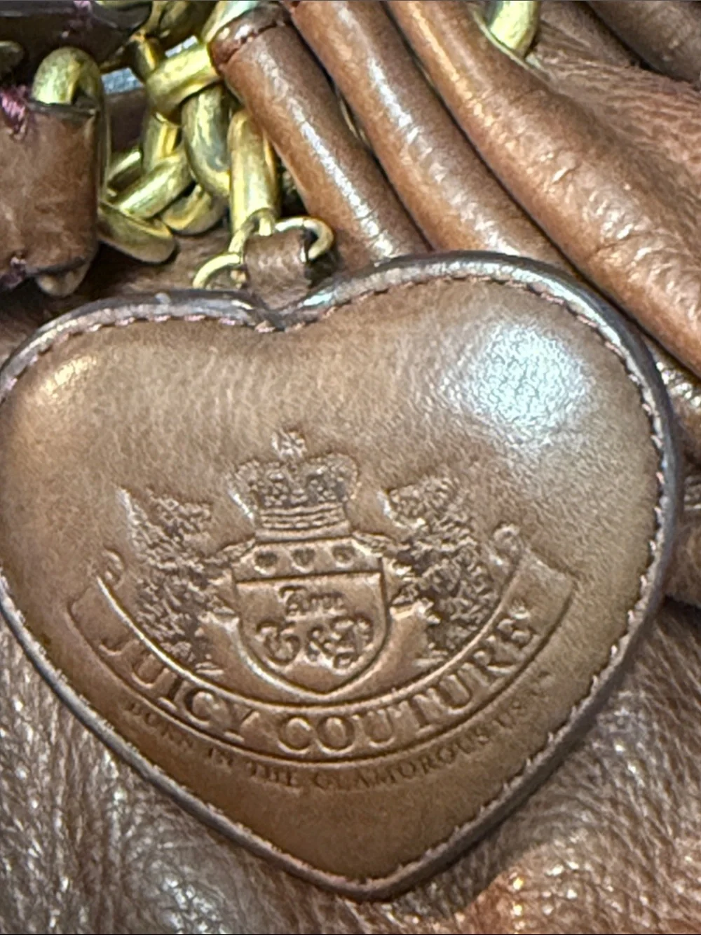 Vintage Juicy Couture 100% Cow Hide Brown Leather Shoulder Bag with Heart Char